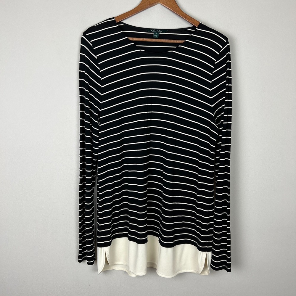 Lauren Ralph Lauren Tunic Top Womens‎ XL Black Cream Twofer Stripe Long Sleeve